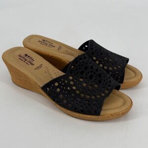 Spring Step Womens Black Laser Cut Leather Wedge Slide Sandals Made in Italy 7